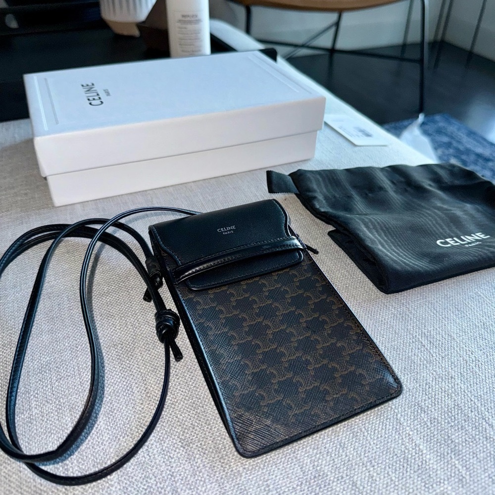 CELINE crossbody bag. Leather-Trimmed Logo-Print Coated-Canvas Phone Pouch.
